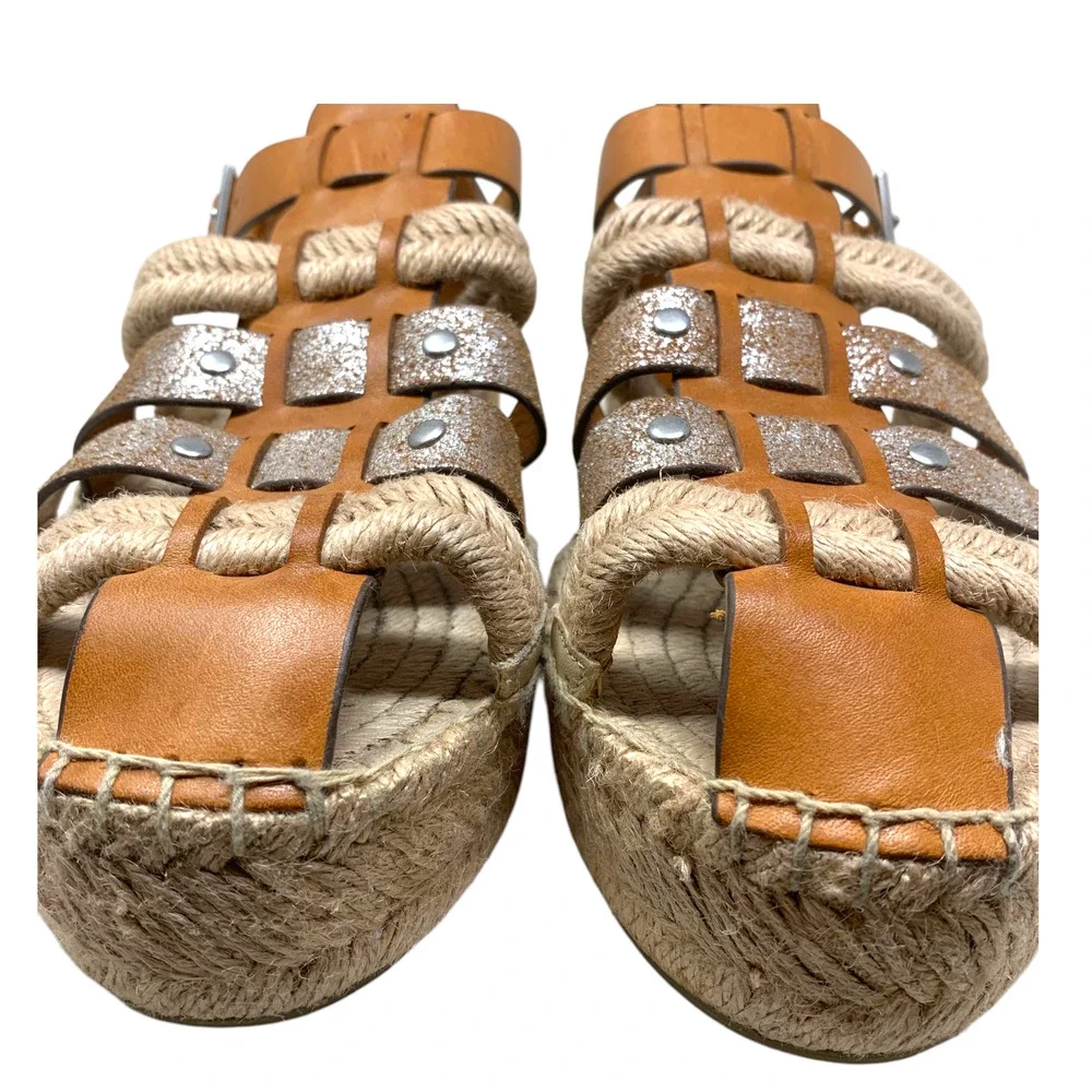 Tory Burch Sz 11 Fisherman Platform Espadrilles Silver/Brandy Leather Nautical